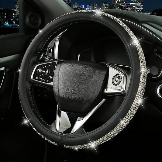 Bling Dianmond Leather Steering Wheel Cover for Women Girls with Crystal Rhinestones, Universal Fit 14.5“-15” in Car Steering Wheel Cover Accessories