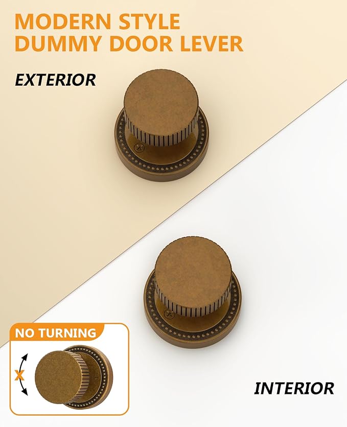 Asidrama 4 Pack Antique Brass Dummy Door Knob, Non-Turning Decorative Door Lever with Door Knobs for Closet, French Double Doors, Pantry & Interior Push/Pull Use
