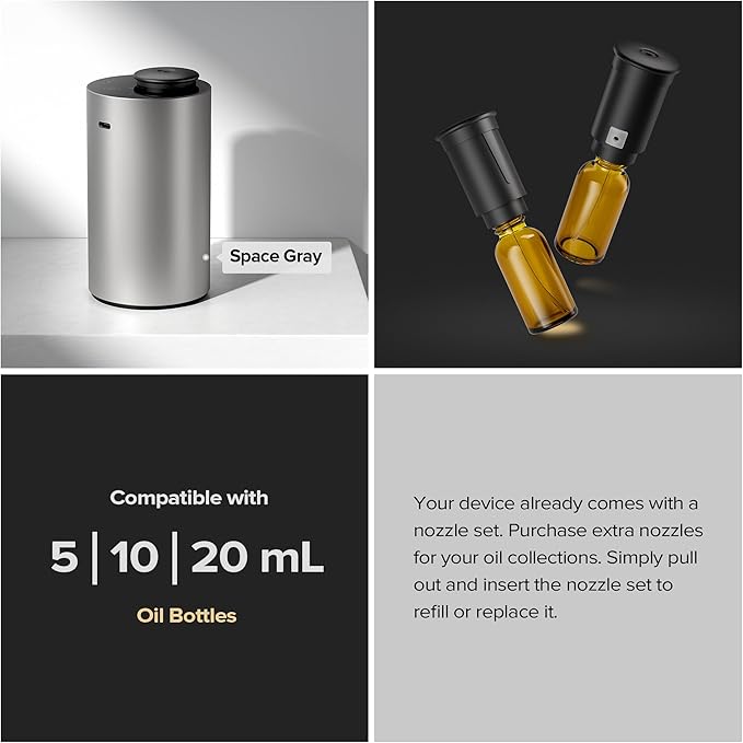 Airversa Waterless Essential Oil Diffuser Starter Kit with 4x10mL Hotel Fragrance Oils for Home Car Office, Premium Aluminum Housing, Up to 600 sq ft, Aroma Nebulizer Baterry Operated, ANX Kit-D Black