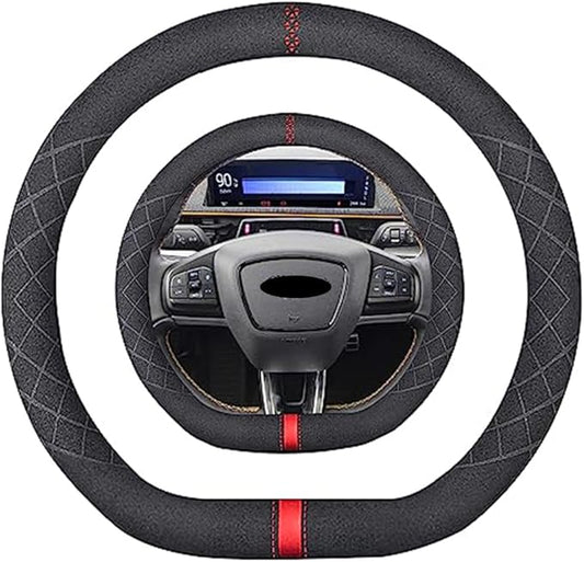 Suede D Shape Steering Wheel Cover,Compatible with Mustang Mach E 2021 2022 Suede Leather Sport Non-Slip Wheel Cover Car Interior Accessories 15 inch for Man and Women