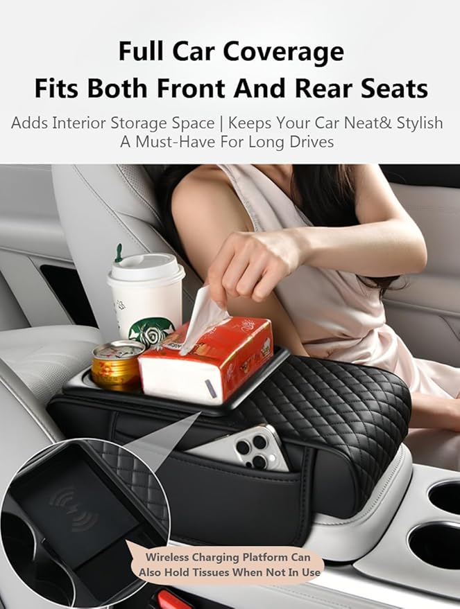Car Armrest Pad with Built-in Induction Charging, Leather Center Console Cushion with 15W Power Pad, Dual Cup Holders, Storage Pockets - Beige
