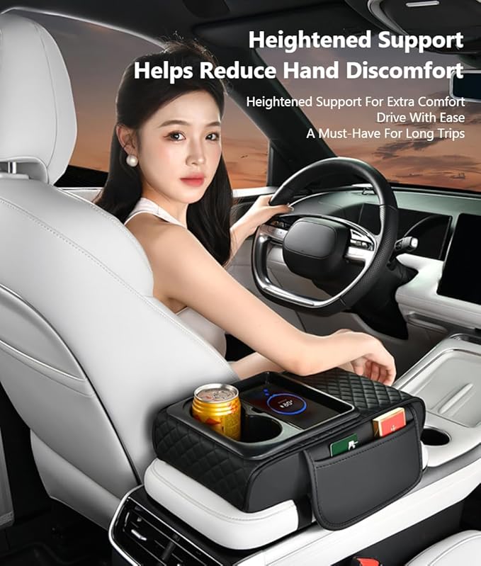 Car Armrest Pad with Built-in Induction Charging, Leather Center Console Cushion with 15W Power Pad, Dual Cup Holders, Storage Pockets - Red