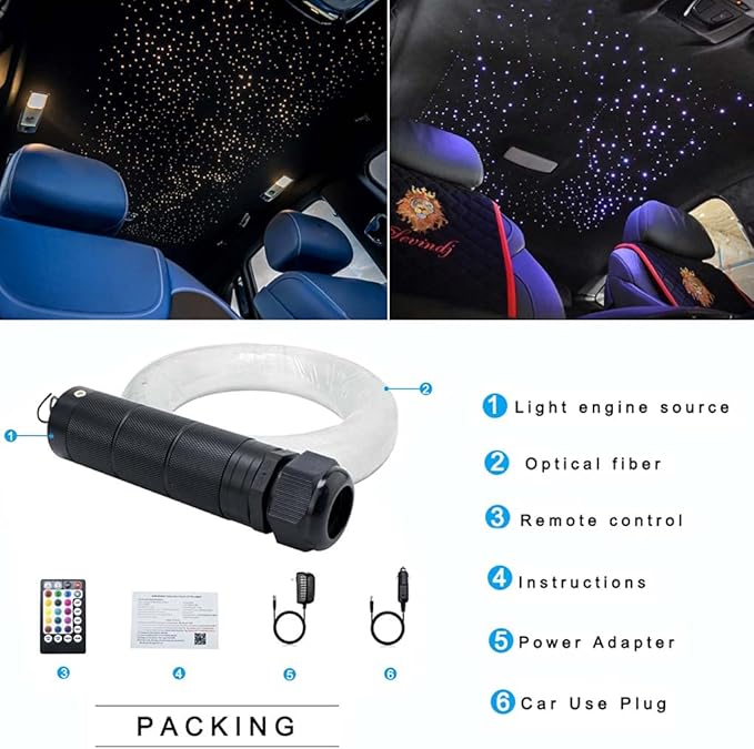 AZIMOM Car Use 6W RGBW Mixed295pcs 9.8ft Fiber Optic Lights Starlight Ceiling Light Kit End Glow Optic Cable Music Mode APP Remote Sensory Lighting Indoor Home Headliner Decoration