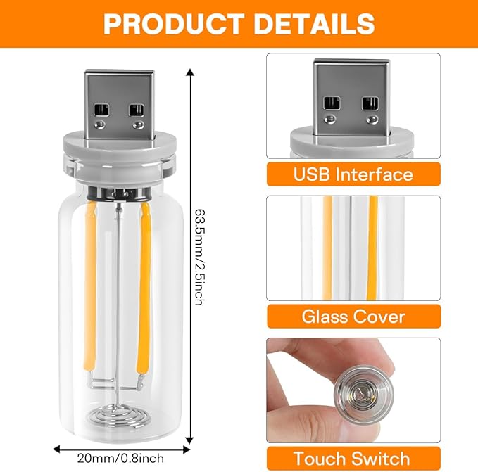 2 PCS Car USB Night Light Bulb, Touch Dimmable Car Interior Ambient Lights, Mini Retro Glass Bottle LED Lamp, Plug-in USB Mood Light for Vehicle, Bedroom, Camping(Red)