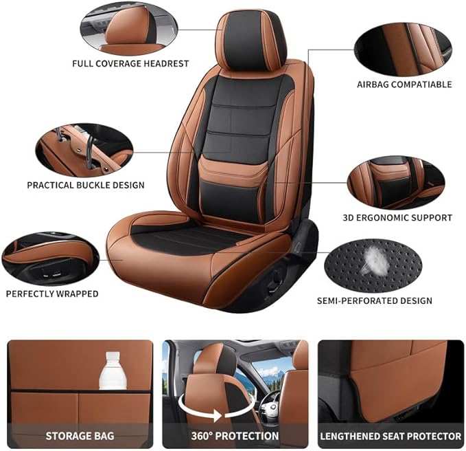 Car Seat Covers Custom Fit for Chevrolet/Chevy Captiva 2006-2018 , Premium Faux Leather Waterproof Car Seat Protectors with Lumbar Support, Breathable Anti-Slip Easy to install(Black&Brown,Full set)