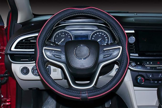 Mayco Bell Small Size Steering Wheel Cover Anti-Slip,Safety,Soft,Breathable,Durable,Full Surround,Comfortable Grip Microfiber Leather (14-14.25 inch,Black Red)