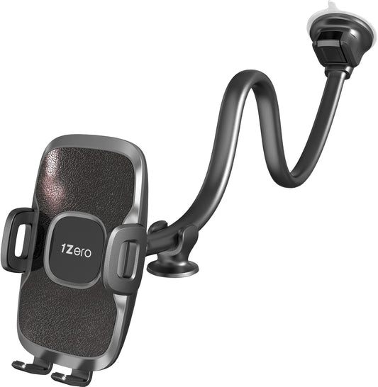 1Zero Solid Car Truck Phone Mount Holder with 14-Inch Gooseneck Long Arm, Windshield Window Mobile Holders w/Industrial-Strength Suction Cup, Anti-Shake Stabilizer Compatible All Cell Phones, Black