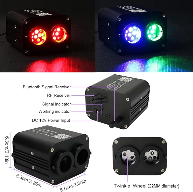 AZIMOM Dual Color 20W Twinkle Fiber Optic Starlight Kits 600pcs*0.03in*9.8ft Fiber Strands End Glow Sound Activated Remote APP Control RGBW Light Source Home Car Ceiling Headliner Décor