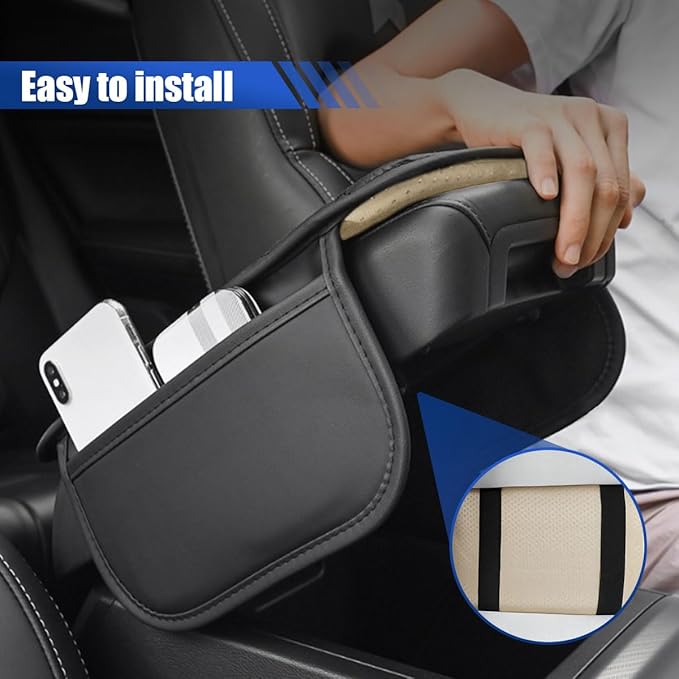 Car Center Console Cover with 2 Storage Bags - Leather Car Armrest Cushion Pad Vehicle Middle Console Cover, Universal Armrest Seat Box Protector Auto Interior Accessories for SUV, Truck, Sedan(Beige)