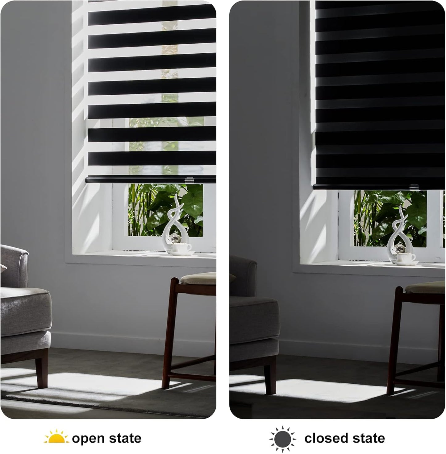 Persilux Cordless Zebra Blinds for Windows (34" W X 64" H, Black) Free-Stop Windows Shades Dual Layer Light Control for Day and Night, Light Filtering Sheer Shades for Home, Easy to Install