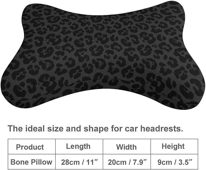Car Neck Support Pillow 2 Pcs for Neck Pain Relief, Compatible with Dark Gray Black Leopard Cheetah Print Bone Shape Headrest Pillow for Car Seat with Soft Memory Foam