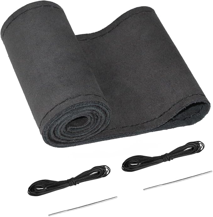 BELINOUS Suede Leather Steering Wheel Cover, DIY Stitch-On Steering Wheel Wrap with Needle & Thread, Non-Slip & Sweat-Absorbing, Universal Fit for 13.75-16 Inch (Size S3, Black)