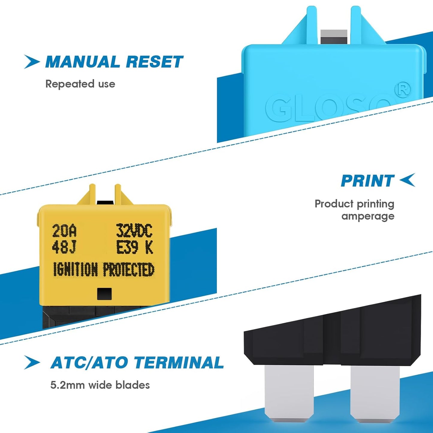 GLOSO Circuit Breaker Blade Fuse E39 (T3) Manual Reset Fuse for Car Truck RV Automotive Marine Boat Trolling Motor & Custom Wiring Audio Battery Protection/Low Profile ATC/ATO (25A - 1 Pack)
