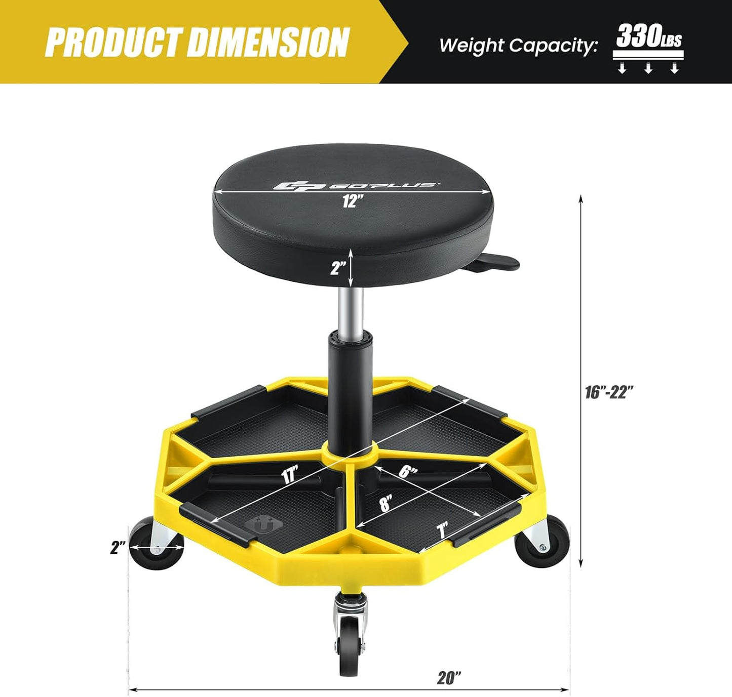 Goplus Mechanic Stool, Rolling Garage Chair with 16”-22” Adjustable Height, Removable Magnetic Tool Tray, 2” Thick Padded Cushion, Universal Wheels, 330LBS, Roller Creeper Seat (Yellow & Black)