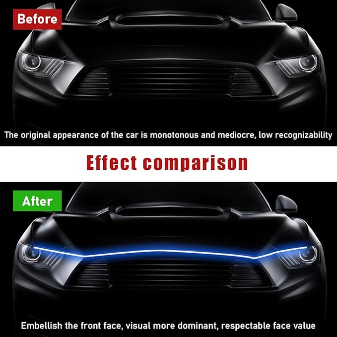 Ohleats 71 Inch Car Hood Light Strip, Exterior Flexible Daytime LED Running Light, Waterproof Auto LED Strip Light with Dynamic Scan Start-up Effect, Car Accessories for SUV Truck (Blue)