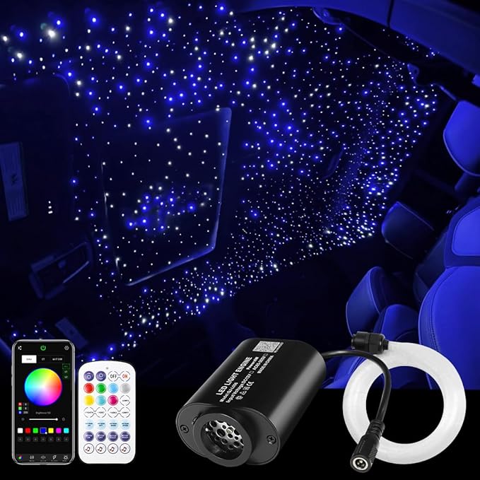 AMKI Mini 6W Starlight Headliner Kit 400pcs 0.03in 9.8ft,Twinkle+Sound Activated Fiber Optic Light 4Lamp Beam Starlight Box APP/Remote Control for Car Home Star Ceiling Decoration