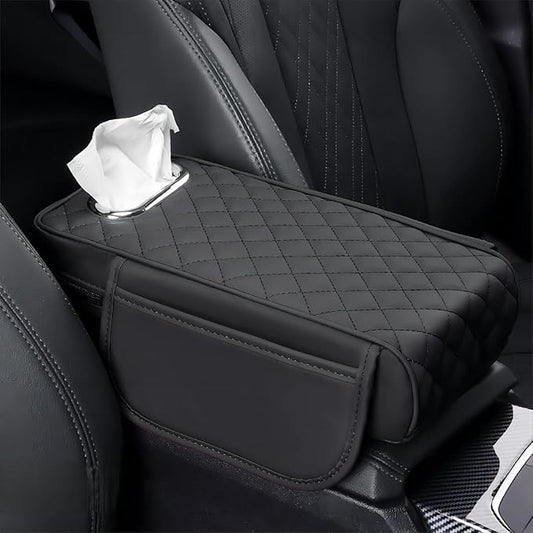 Car Center Console Cover for Fiat 500L (Type 330) 2012-2021, Leather Car Arm Rest Cover, Car Armrest Cushion with 2 Storage Bags Car Center Console Armrest Pad, B Black