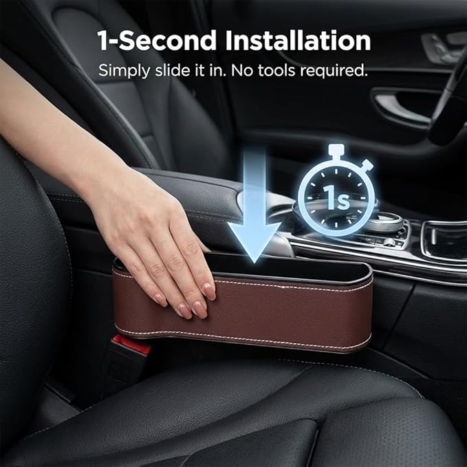 Car Seat Gap Filler Organizer, 2026 New Premium Leather Console Organizer for Holding Phone, Sunglasses, Auto Console Side Storage Box with Cup Holders 2 Seat Hooks for Drink (Beige, Driver's Seat)