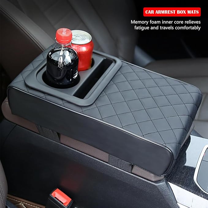 Car Center Console Armrest Pillow with Cup Holder, Leather Middle Console Protection Cushion with Phone Holder, Memory Foam Auto Arm Rest Box Cover, Universal Vehicle Accessories (Textures)