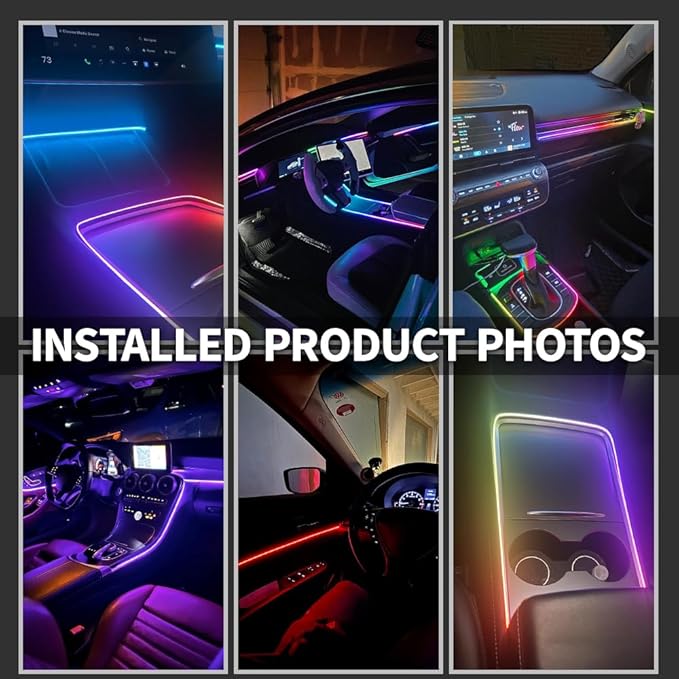 Ambient Lighting Car Led Lights Interior Kit with Wireless APP,43.3 inches Dream Color Acrylic Led Strips Lights for Car, 12V Fiber Optic Music Sync Neon Center Console Dashboard Interior Lights