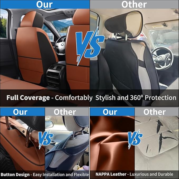 Car Seat Covers Full Set Custom Fit for Ford Taurus 1999-2018-Luxury Leather with Lumbar Support, Breathable, Waterproof, Anti-Slip, Durable, Easy to Install (BlackBrown,Full Set)
