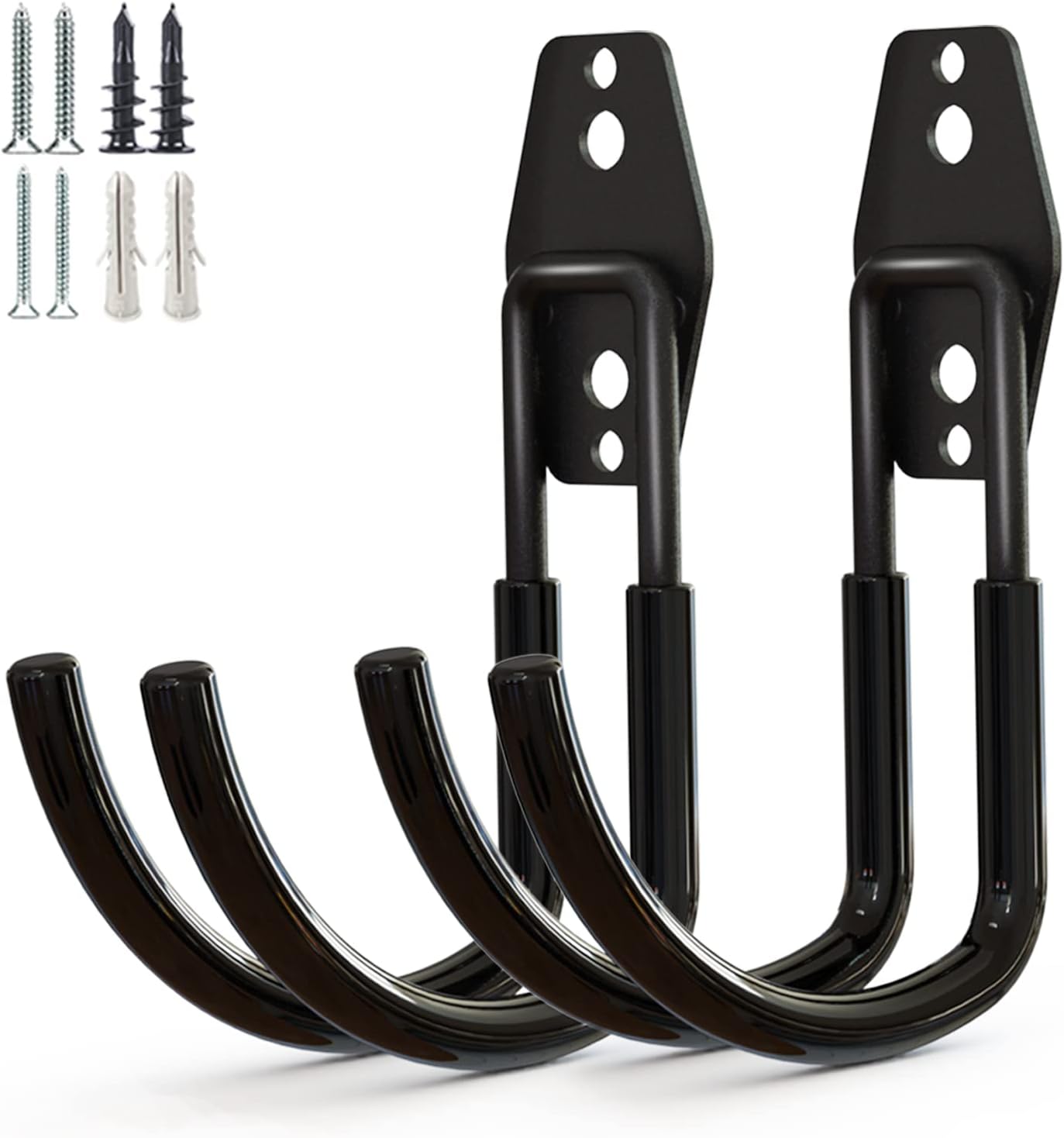 Garage Storage Utility Hooks，Garage Garden Tool Organizer，Steel Wall Mount Hooks, Large Garden U Hooks （2 Pack） (Type-2-Black)