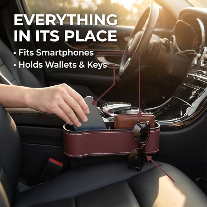Car Seat Gap Filler Organizer, 2026 New Premium Leather Console Organizer for Holding Phone, Sunglasses, Auto Console Side Storage Box with Cup Holders 2 Seat Hooks for Drink (Brown, Passenger Seat)