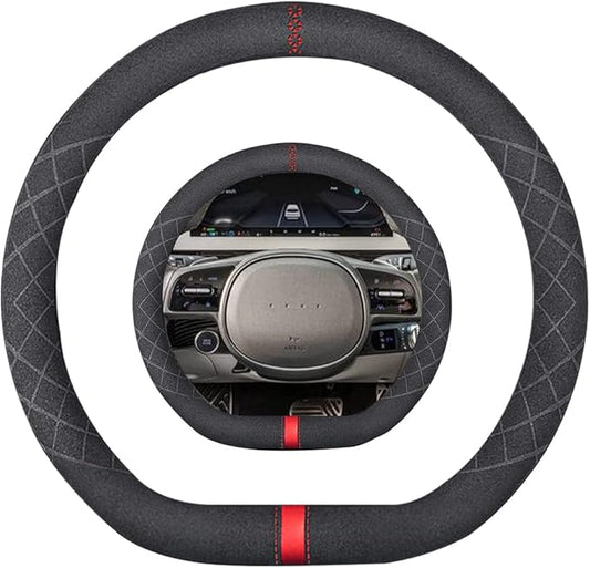 Suede D Shape Steering Wheel Cover,Compatible with Hyundai Ioniq 5 Suede Leather Sport Non-Slip Wheel Cover Car Interior Accessories 15 inch for Man and Women