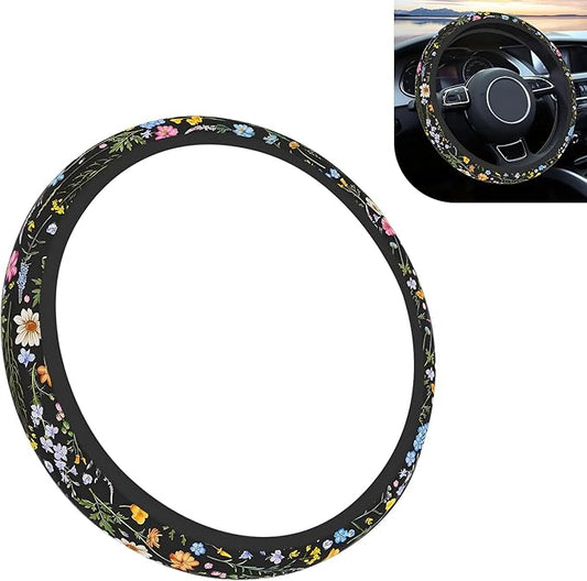 Flower Steering Wheel Cover, Cute Breathable Steer Wheel Protection Cover, Auto Non-slip Wildflowers Steering Protector, Universal for Most Cars, Trucks, SUVs (Multicolored)