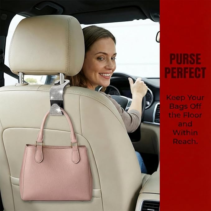 4PCS Bling Car Seat Headrest Hooks, Crystal Rhinestone Vehicle Back Seat Hanger Holder, Auto Interior Headrest Hanging Storage Organizer for Purse Handbag Coat, Universal Fit (Lake Blue)