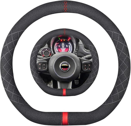 Suede D Shape Steering Wheel Cover,Compatible with Abarth 595 595C 695 695C Fiat 500 500C Suede Leather Sport Non-Slip Wheel Cover Car Interior Accessories 15 inch for Man and Women