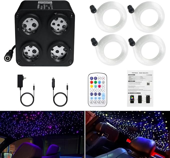 AMKI Updated 4Color Twinkle 36w Starlight Headliner Kits 2000pcs 0.03in 13.1ft Fiber Optic Light Cable 4 Ports Starlight Box App/Remote Control Sound Mode for Car Home Ceiling Decoration