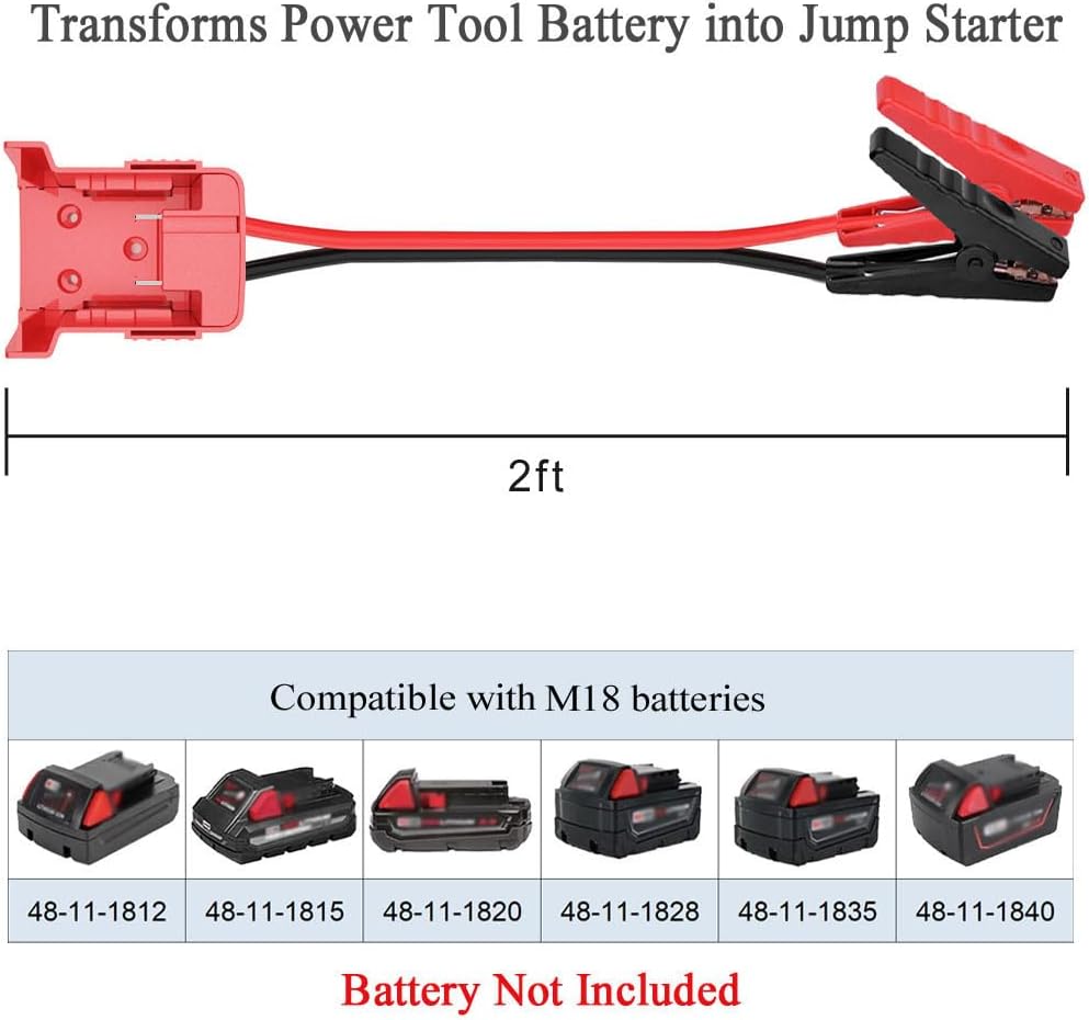 Jumper Cables alligator clips Compatible with Mil.waukee M18 18V Batteries, Silicone wire 8AWG 2FT Automotive Booster Cables for Jump Starting Tool Battery, Temperature resistance 392℉ 200℃