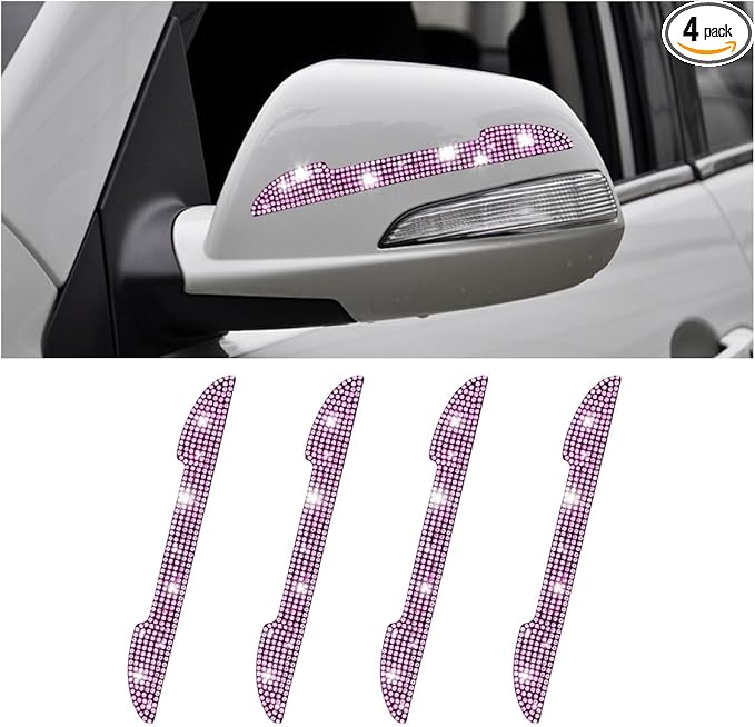 4PCS Bling Car Door Handle Scratch Protector, Crystal Rhinestone Sticker Car Door Edge Guard, Side Rearview Mirror Anti-Collision Strip, Exterior Accessories for Women Men (Pink)