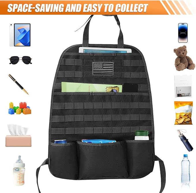 Tactical Molle Car Seat Back Organizer, Vehicle Panel Car Seat Back Cover Protector with 5 Storage Pouch, Universal Backseat Storage Organizer with USA Flag Patch for Car SUV Truck MPV (Black-2 Pcs)