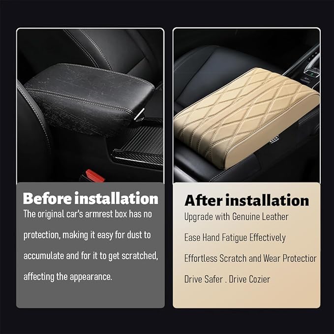 Car Center Console Cover, Memory Foam Leather Vehicle Armrest Seat Box Pad Protector, Comforable Waterproof Automotive Center Middle Cushion Mat Accessories, Universal Fit (Beige)