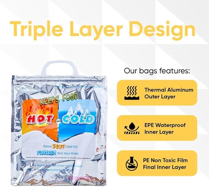 Superio Hot and Cold Insulated Bags for Food Delivery, Grocery Shopping Bags, Food Storage for Hot and Frozen Food for Travel, Disposable Cooler Bag, Reinforced Thermal Lunch Bag (10, 20" x 19")
