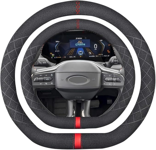 Suede D Shape Steering Wheel Cover,Compatible with Ford Edge Escape Fusion Explorer Focus Flat Bottom Suede Leather Sport Non-Slip Wheel Interior Accessories 15 inch for Man and Women