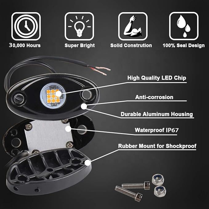 White LED Rock Lights, 4 Pods Neon 12V Waterproof Underglow Underbody Kit Crawler Crawling Dome Exterior Wheel Lights for ATV RZR UTV SUV Off-Road Auto Boat Motorcycle Glow Trail Rig Fender Lamp