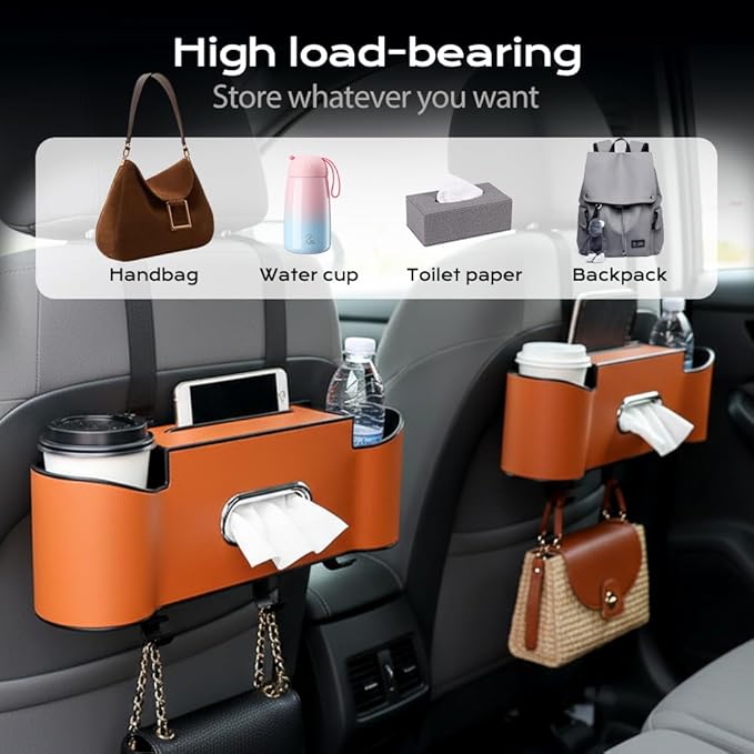 3-in-1 Car Backseat Organizer, 2026 New Multifunctional Back Seat Car Organizer with Cup Holder, Tissue Box, Trash Bin & Hooks for Hold Phones, Snacks, Drinks, Handbags (2, Black)