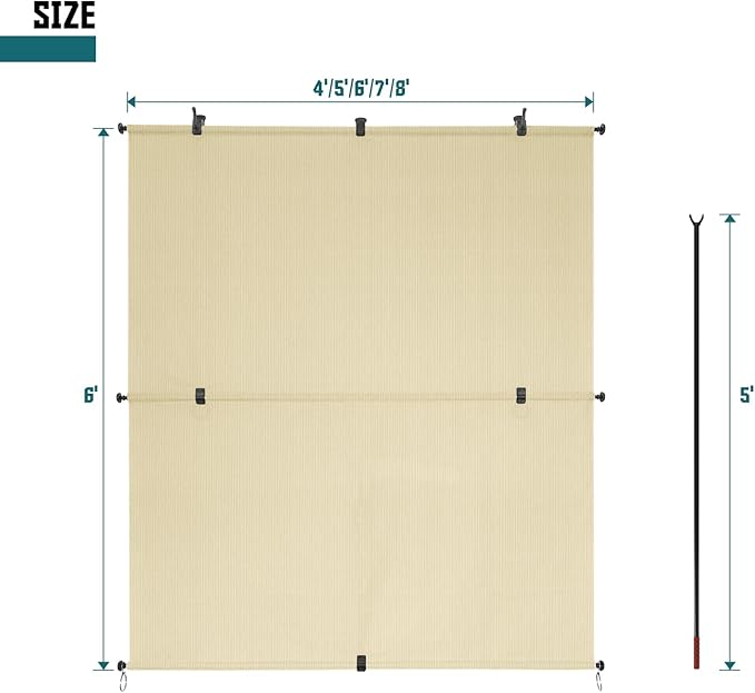 Bynbbur 7'W x 14.5'H Outdoor Patio Shades Foldable Roller Blinds, 220 GSM Sun Shade Roll Up Porch Screens Exterior Shade Cloth for Deck Pergola Backyard, Beige