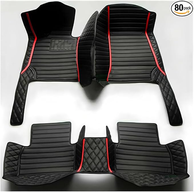 TREGOO All Weather Car Mats Custom Fit Non Slip Floor Mats for 1998-2025 Cars Personalized Leather Protection Pads Suitable for Men Women (Black Double Panel with red Stripe)