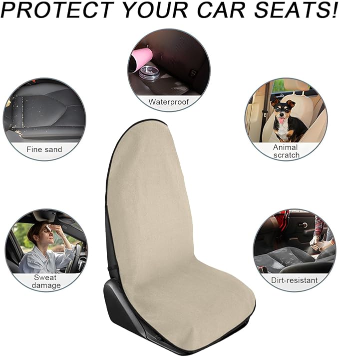 2PCS Car Towel Seat Cover, Waterproof Sweating Non-Slip Premium Soft Towel Carseat Protector, Universal Machine Washable Car Truck SUV Front Seat Cover for Gym Workout Beach Hiking (Beige)