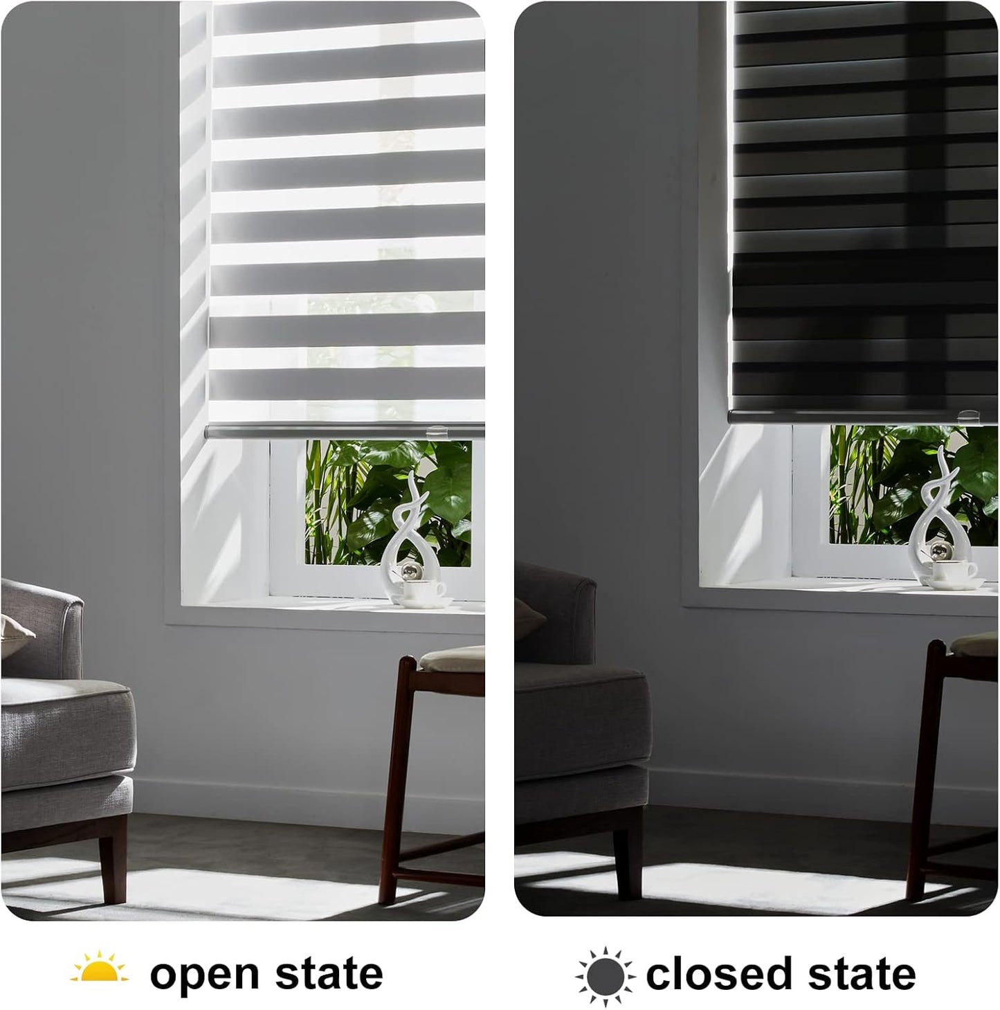 Persilux Cordless Zebra Blinds for Indoor Windows, Free-Stop Zebra Blinds Cordless, Light Filtering Sheer Shades Dual Layer for Day and Night, Zebra Roller Shades for Home (34.25" W X 47" H, Grey)