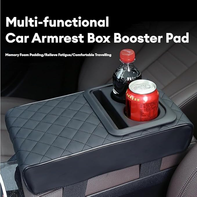 Center Console Cover Car Armrest Box Pad Leather Arm Rest Cushion with Cup Holder Mobile Phone Storage Armrest Protection Pad for Car (Grid Black, 13.58 * 8.07 * 2.95 inch)