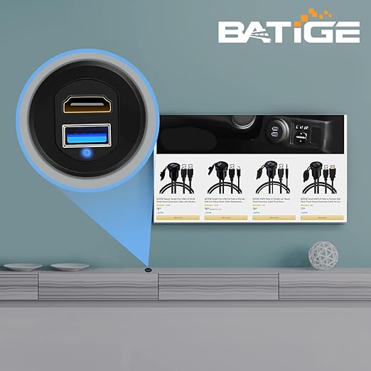 BATIGE USB 3.0 & HDMI to HDMI + USB 3.0 Car Mount Flush Cable, Alloy Shell Dash Panel Extension Cable with LED Indicator for Car Boat Motorcycle 1ft