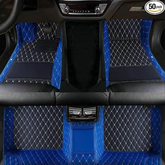 Custom Floor Mats for Cars，Luxury Full Coverage All Weather Car Floor Mats，Leather Car Mat Set ， Floor Mats for 99% of Cars, Trucks & SUVs (Edge Blue, Middle Black Rice)