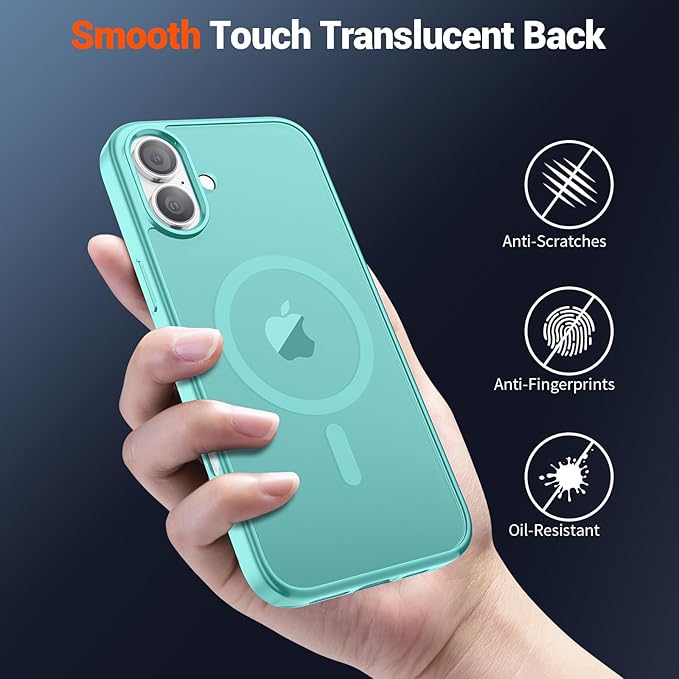 SUPFINE Magnetic for iPhone 16 Case (Compatible with MagSafe) (Military Grade Drop Protection) Slim Translucent Matte Shockproof with Anti-Fingerprint Phone Case, Blue Green