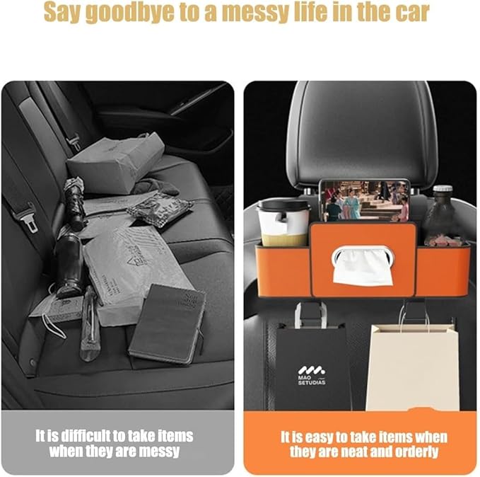 Car Multifunctional Seat Back Waterproof Storage Bag, Multifunctional & Waterproof Car Back Seat Organizer with 2 Cup Holders&Hooks, Hanging Storage Box for Most Cars (orange)
