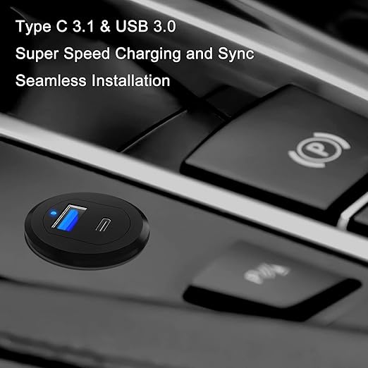 Type C 3.1 & USB 3.0 Car USB Port Mount Flush Cable Male to Female, Dashboard Panel Extension Cable for Car Boat Motorcycle with LED Indicator (1 feet)